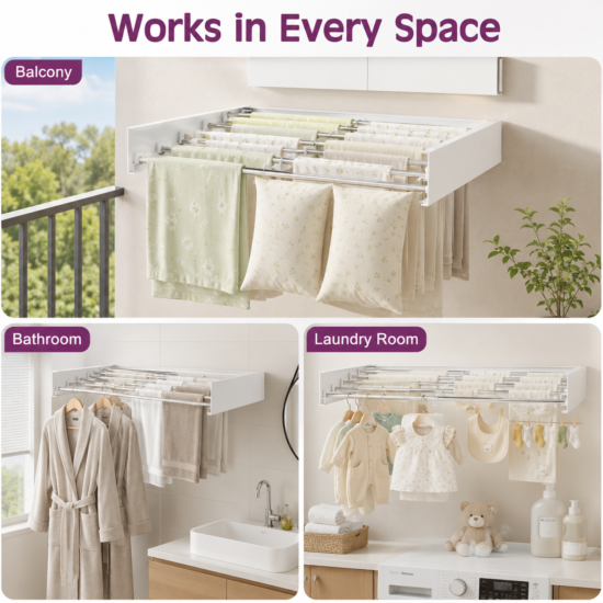 ECHOKRAFTS Wall Mounted Clothes Drying Rack, Foldable Retractable Laundry Rack with 5 Rods, 50 lb Capacity, Space Saving