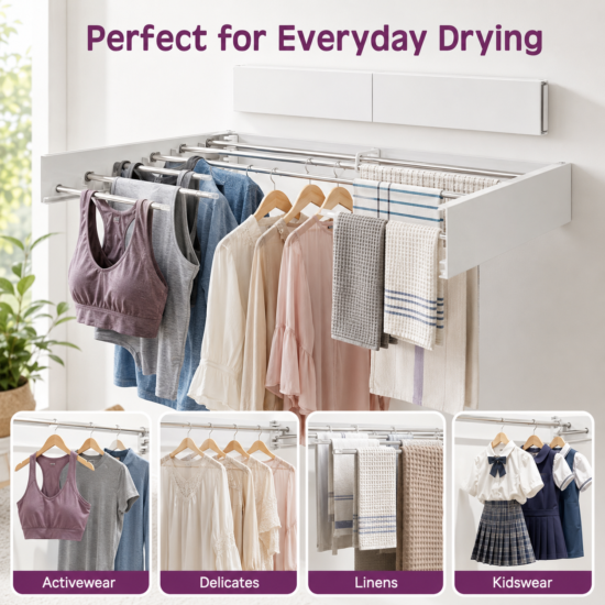 ECHOKRAFTS Wall Mounted Clothes Drying Rack, Foldable Retractable Laundry Rack with 5 Rods, 50 lb Capacity, Space Saving