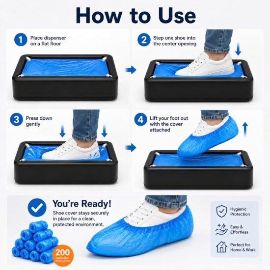 Automatic Black Shoe Cover Dispenser with 200 Blue Disposable Covers, Non Slip Shoe Cover Machine, High Quality Hands-Free Shoe Cover Machine for Home, Office, Hospital, Factory, Silver Indoors.