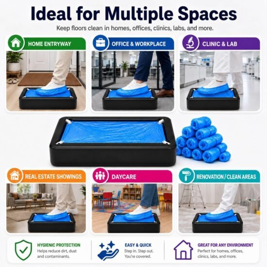 Automatic Black Shoe Cover Dispenser with 200 Blue Disposable Covers, Non Slip Shoe Cover Machine, High Quality Hands-Free Shoe Cover Machine for Home, Office, Hospital, Factory, Silver Indoors.