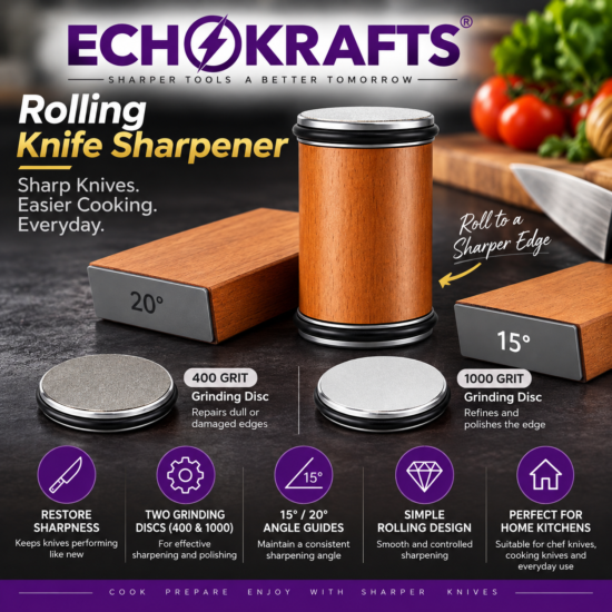 ECHOKRAFTS Rolling Knife Sharpener Kitchen Knife Sharpening Tool with 15 and 20 Degree Guides