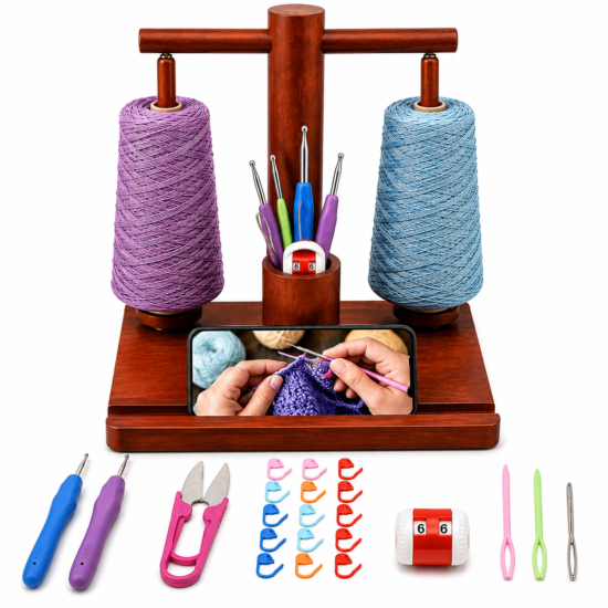 ECHOKRAFTS Wooden Dual Spindle Yarn Holder, Double Yarn Dispenser for Knitting and Crochet